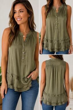 Banana Republic Womens Small Olive Green Satin Sleeveless Ruffle Hem Blouse Top